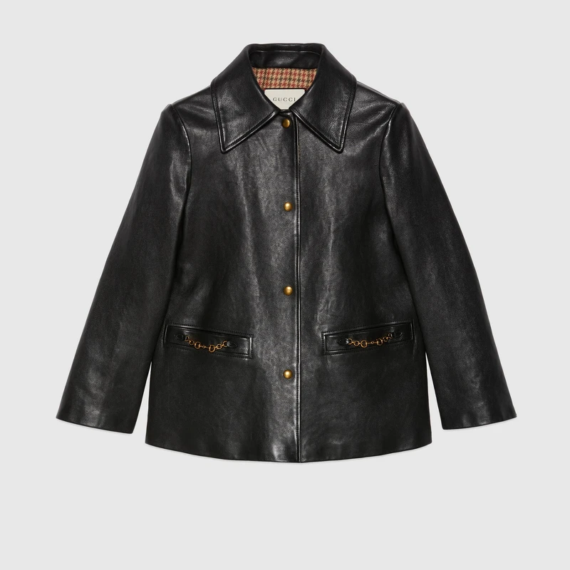 黑色皮夾克，Gucci，價格店洽。