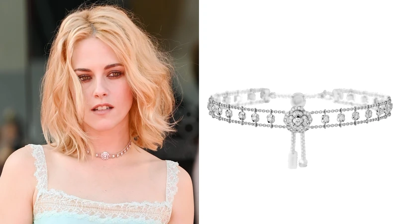 Chanel 高級珠寶系列，Bouton de Camélla短項鍊，以18 K白金與鑽石打造