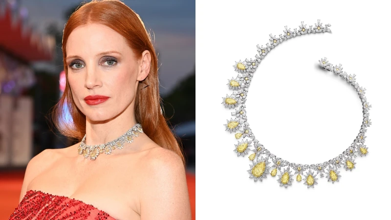 Chopard Haute Joaillerie 系列項鍊——鑲嵌 40.72 克拉梨形黃彩鑽、51.50 克拉梨形切割鑽石、5.07 克拉馬眼形切割鑽石和2.22 克拉黃鑽