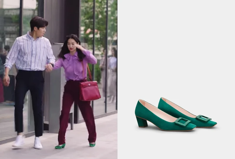 Belle Vivier草綠色麂皮方釦跟鞋,NT31,600 Belle Vivier草綠色麂皮方釦跟鞋,NT31,600