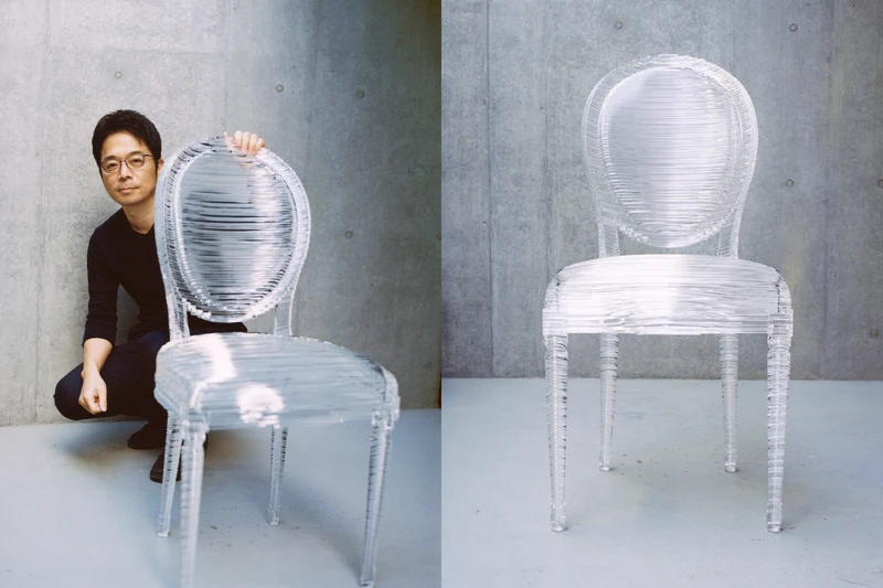 日本建築師吉岡德仁使用且推疊364片的透明材質,展示了光影可穿透流動的圓背椅。 日本建築師吉岡德仁使用且推疊364片的透明材質,展示了光影可穿透流動的圓背椅。