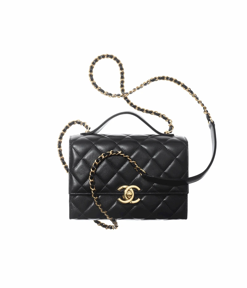 黑色皮革菱格紋雙C Logo皮穿鍊口蓋包，NT152,500