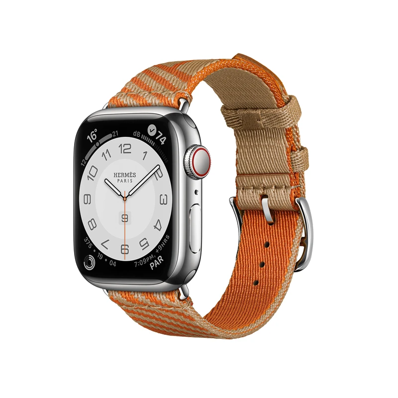 第七代 Apple Watch Hermès_Jumping 圖紋印花系列 牛皮紙色與橘色單圈織帶錶款_售價未定-2 第七代 Apple Watch Hermès_Jumping 圖紋印花系列 牛皮紙色與橘色單圈織帶錶款_售價未定-2