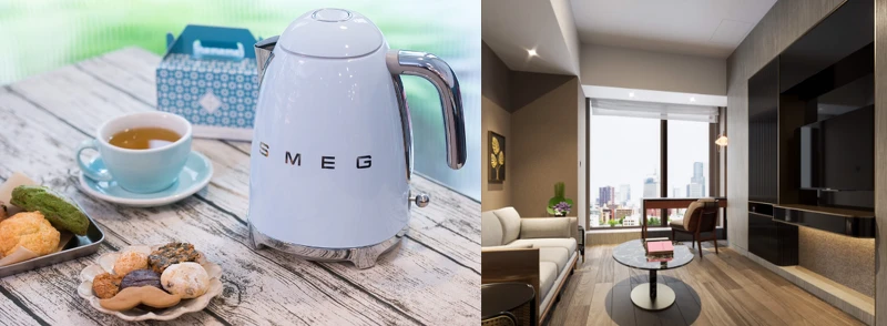 (左)高雄洲際酒店客房選用義大利進口SMEG復古控溫電熱水壺。(圖/品硯實業提供)、(右)高雄洲際酒店套房客廳區域。 (左)高雄洲際酒店客房選用義大利進口SMEG復古控溫電熱水壺。(圖/品硯實業提供)、(右)高雄洲際酒店套房客廳區域。