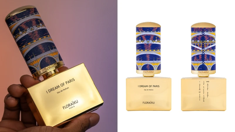 FLORAiKU夢迴巴黎淡香精形象圖與正、反瓶身。 FLORAiKU夢迴巴黎淡香精形象圖與正、反瓶身。