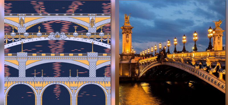 (左) FLORAiKU夢迴巴黎淡香精瓶身設計圖案、(右)巴黎亞歷山大三世橋。 (左) FLORAiKU夢迴巴黎淡香精瓶身設計圖案、(右)巴黎亞歷山大三世橋。