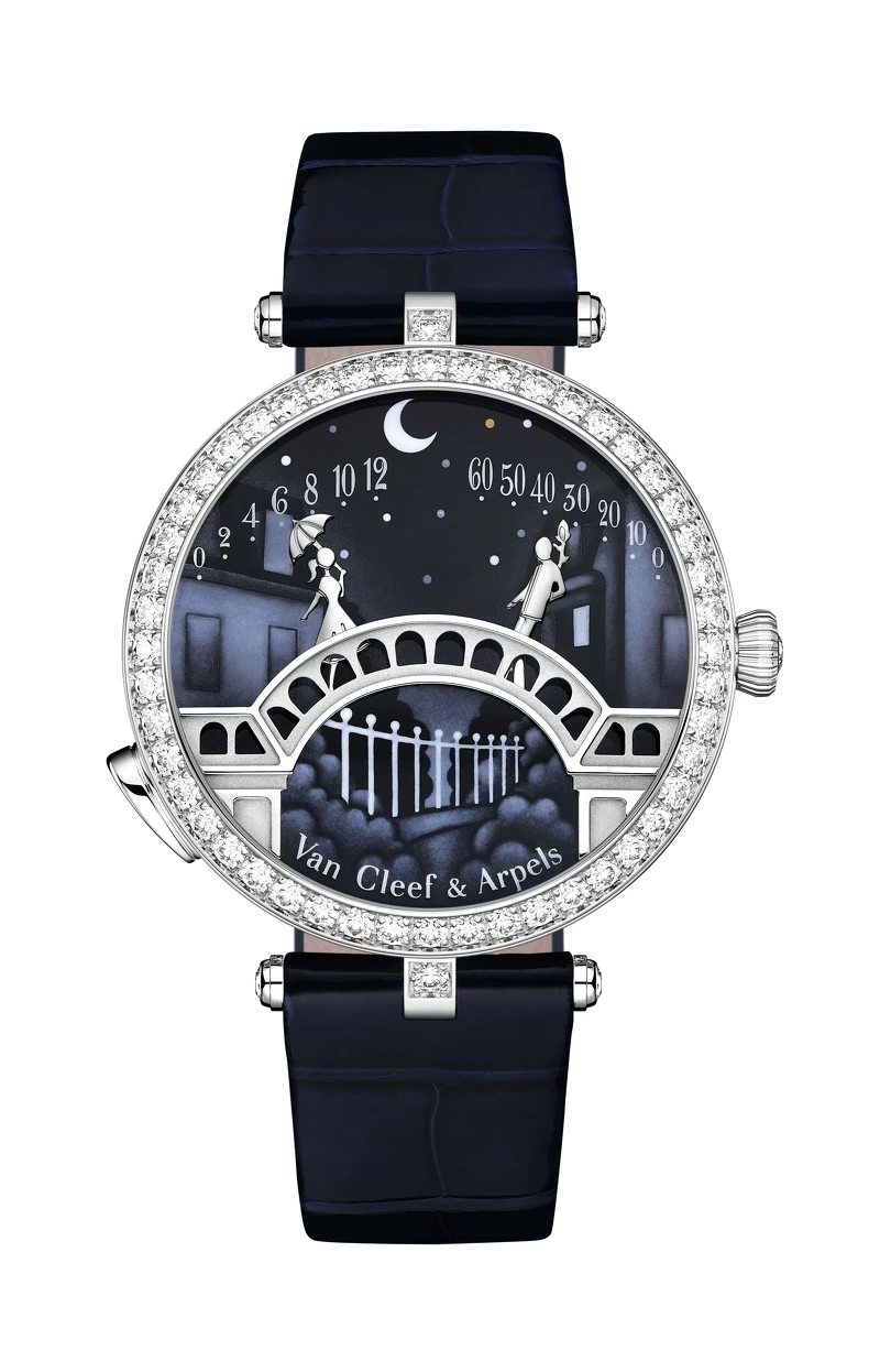 Lady Arpels Pont des Amoureux 腕錶 - 38毫米白K金錶殼，配搭白K金鑲鑽錶圈及單鑲一顆美鑽的錶冠 - 錶盤：墨彩琺瑯，綴以白K金鏤雕 - 可替換的海軍藍色亮面短吻鱷魚皮錶帶，及可替換的白K金鑲鑽針扣 - 自動上鍊機械機芯，搭載專為Van Cleef & Arpels 梵克雅寶獨家研發的逆跳及按需動畫模組，配備36小時動力儲存 - 獨立編號版本 建議售價約新台幣$3,830,000元
