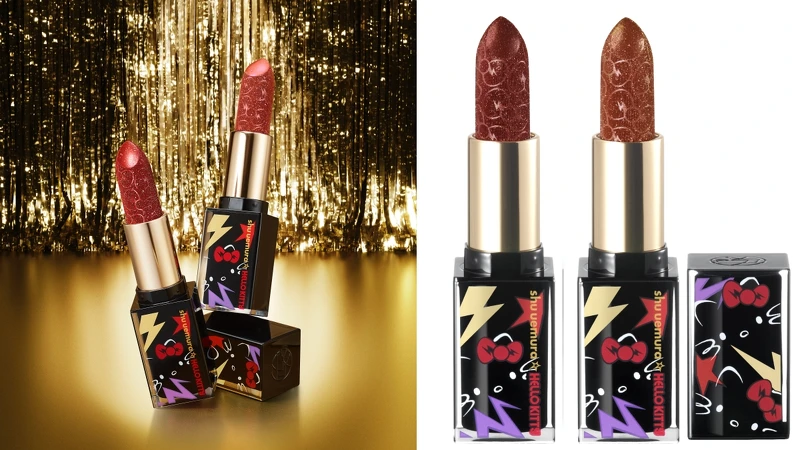 shu uemura植村秀 X Hello Kitty聯名系列無色限搖滾星鑽唇膏(#Ruby Sparkler石榴香檳、#Dazzling Nude西柚香檳),NT1,200。 shu uemura植村秀 X Hello Kitty聯名系列無色限搖滾星鑽唇膏(#Ruby Sparkler石榴香檳、#Dazzling Nude西柚香檳),NT1,200。