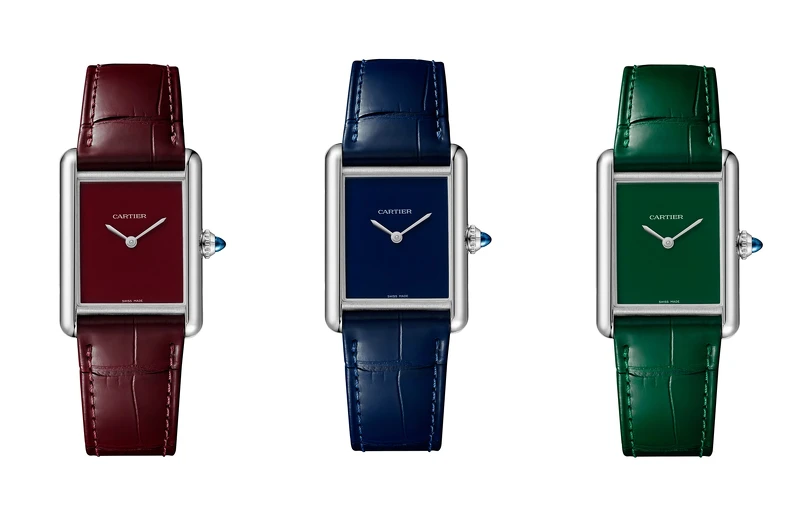 Tank Must腕錶(綠色真漆錶盤+綠色鱷魚皮錶帶)、Tank Must腕錶(深紅色真漆錶盤+深紅色鱷魚皮錶帶)、Tank Must腕錶(綠色真漆錶盤，綠色鱷魚皮錶帶)，參考價格約NT 84,500