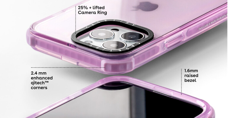 CASETiFY 全新系列提供手機更全面性的防護，鏡頭邊框以高於手機鏡頭的貼心設計來保護鏡頭磨損，四周凸起的手機邊框可以防止可能因跌落而產生的螢幕受損。同時支援無線充電，無需拆除手機殼就可輕鬆餵飽手機，時尚又方便。