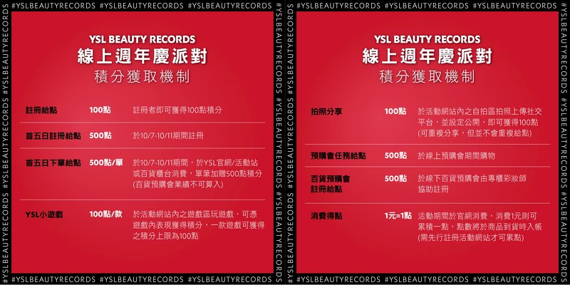 YSL 線上週年慶派對積分獲取機制 YSL 線上週年慶派對積分獲取機制