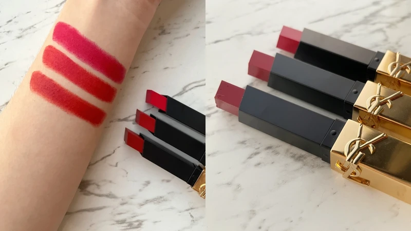 YSL 奢華緞面絲絨唇膏浮刻不羈版試色，由上至下21、28、1966。