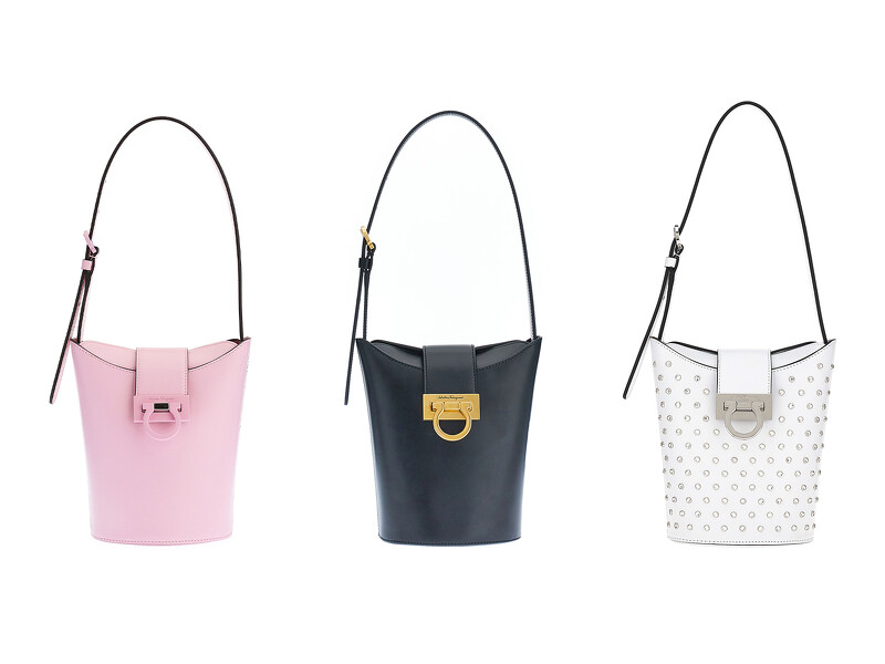 圖左/中： TRIFOLIO牛皮小水桶包，建議售價NT49,500、圖右：TRIFOLIO白色牛皮水晶小水桶包，建議售價NT60,900