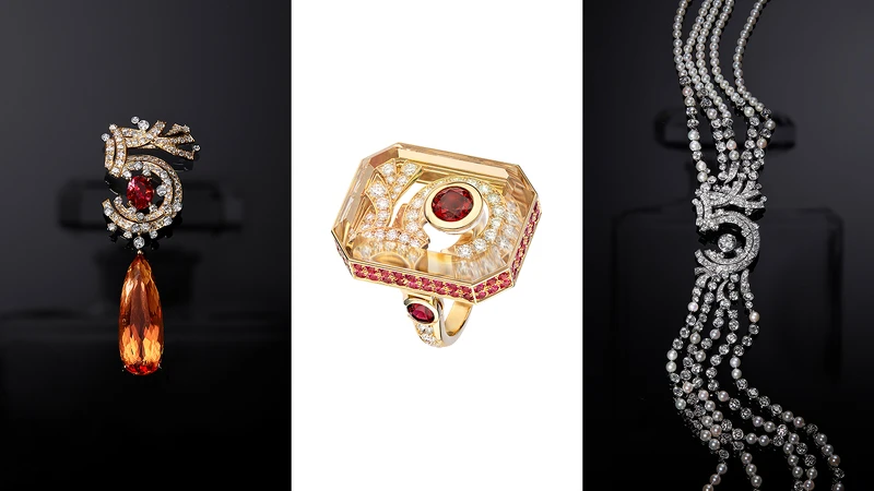 由左至右:Ribboned N°5 胸針、戒指、項鍊 由左至右:Ribboned N°5 胸針、戒指、項鍊