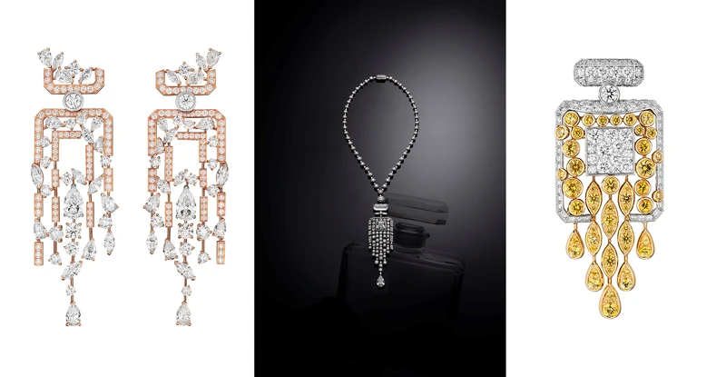 由左至右:N°5 SPARKLING SILHOUETTE 耳環、N°5 SIGNATURE BOTTLE 項鍊 、N°5 SIGNATURE BOTTLE 胸針 由左至右:N°5 SPARKLING SILHOUETTE 耳環、N°5 SIGNATURE BOTTLE 項鍊 、N°5 SIGNATURE BOTTLE 胸針