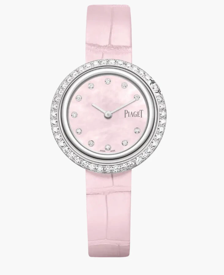 Piaget伯爵 Possession系列手錶,直徑29mm 18K白金錶殼,粉紅色珍珠貝母錶盤,石英機芯,可替換式錶帶,售價NT530,000。 Piaget伯爵 Possession系列手錶,直徑29mm 18K白金錶殼,粉紅色珍珠貝母錶盤,石英機芯,可替換式錶帶,售價NT530,000。