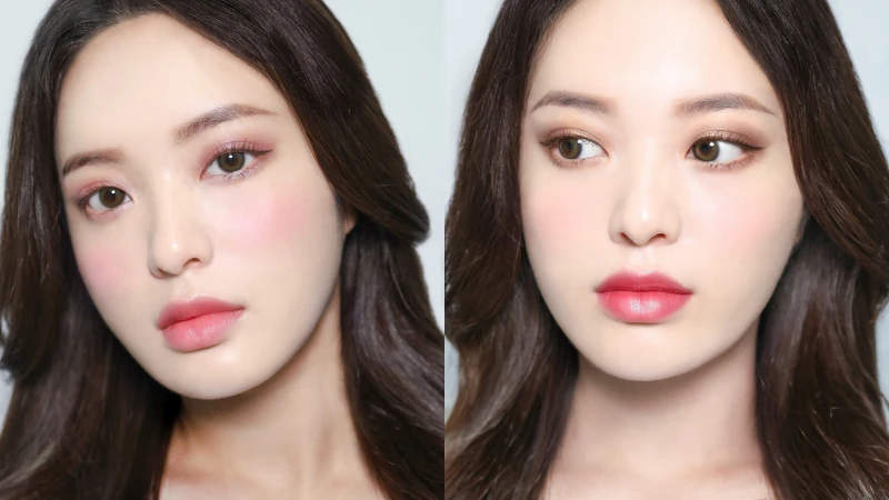 (左)利用PAUL＆JOE 2021限量聖誕美夢倒數月曆中1~12格內容物可完成的妝容、(右)利用13~24格內容物可完成的妝容。