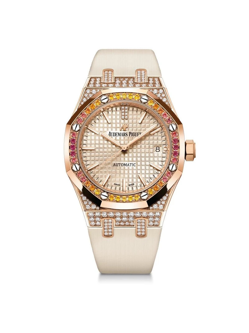 18K玫瑰金錶殼鑲嵌124顆明亮式切割美鑽,錶圈鑲嵌40顆明亮式切割黃色藍寶石、紅色榴石與橙色錳鋁榴石,米色錶面鐫刻「Grande Tapisserie」大型格紋裝飾 18K玫瑰金錶殼鑲嵌124顆明亮式切割美鑽,錶圈鑲嵌40顆明亮式切割黃色藍寶石、紅色榴石與橙色錳鋁榴石,米色錶面鐫刻「Grande Tapisserie」大型格紋裝飾