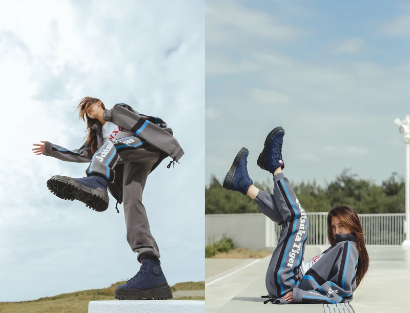 寬版字母短TEE NTD 1,680、厚磅針織運動外套、厚磅針織運動褲、HMR PEAK G-TX復刻靴款，NT6,680，All by Onitsuka Tiger。