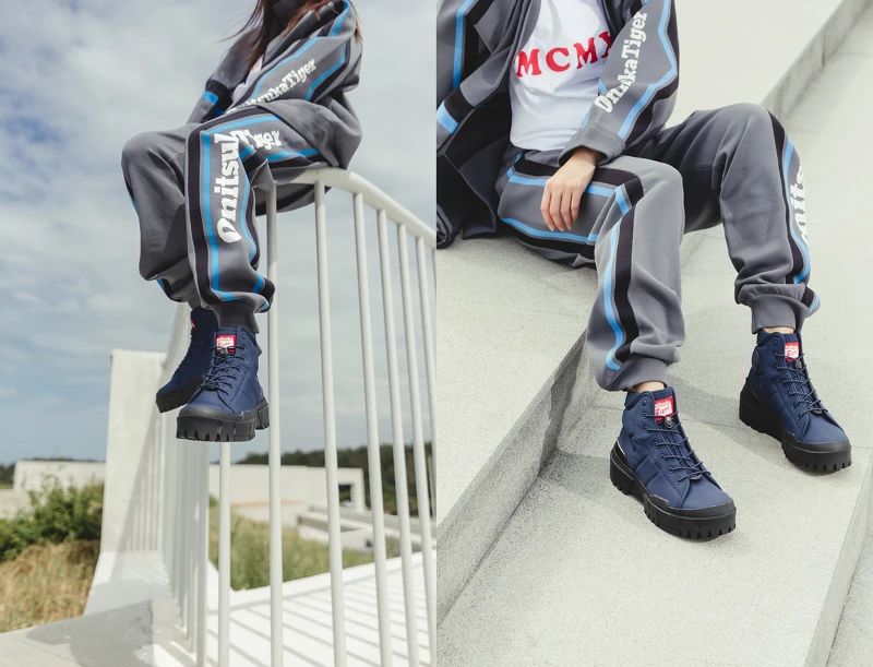 寬版字母短TEE NTD 1,680、厚磅針織運動外套、厚磅針織運動褲、HMR PEAK G-TX復刻靴款，NT6,680，All by Onitsuka Tiger。