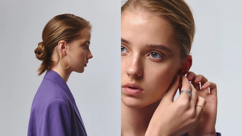 左:Lorelei Floral黃K金鑽石耳環。右:Aerial Regal白K金鑽石耳環、Aerial Regal白K金鑽石戒指、Aerial Regal黃K金鑽石戒指。 左:Lorelei Floral黃K金鑽石耳環。右:Aerial Regal白K金鑽石耳環、Aerial Regal白K金鑽石戒指、Aerial Regal黃K金鑽石戒指。