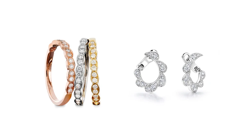 Lorelei Floral鑽石戒指、Lorelei Reverie白K金鑽石耳環。 Lorelei Floral鑽石戒指、Lorelei Reverie白K金鑽石耳環。