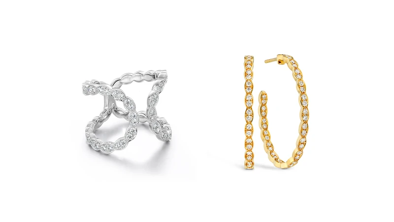 Lorelei Floral白K金鑽石戒指、Lorelei Floral黃K金鑽石耳環。 Lorelei Floral白K金鑽石戒指、Lorelei Floral黃K金鑽石耳環。