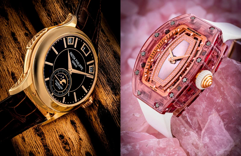 左：百達翡麗18K紅金陀飛輪腕錶，配三問、瞬跳萬年曆、月相、閏年及日夜顯示，型號5207，約2013年製。 右：RICHARD MILLE.粉紅色藍寶石及18K紅金鑲鑽石女裝鏤空自動上弦腕錶，配貝母錶盤，型號RM07-02，約2016年製。
