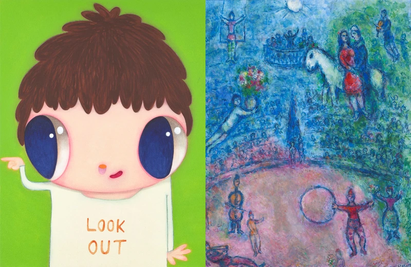 左：哈維爾·卡勒加 (1971年生)，《Look Out》2018年作，壓克力、畫布，162 x 130 公分 (63¾ x 51⅛ 英寸)。 右：馬克·夏加爾（1887 - 1985），《戀人與馬戲團》約1980年作，油彩、水粉、畫布，100.3 x 81 公分。