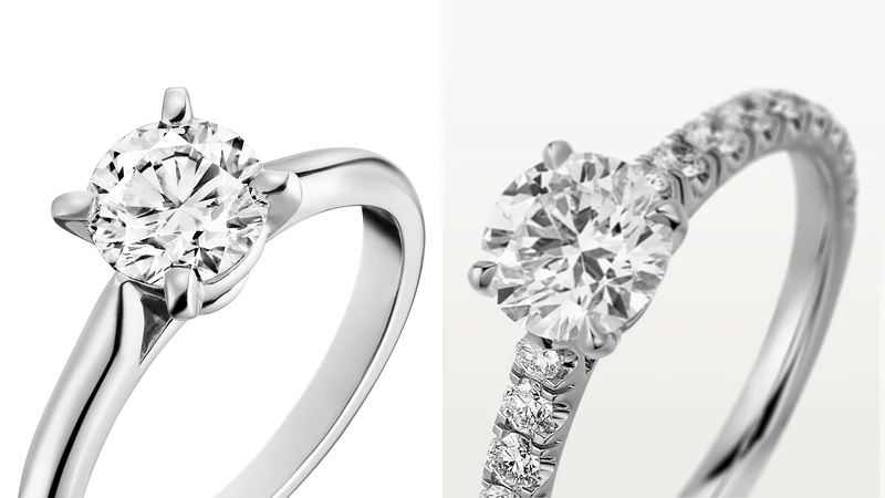 左至右:Solitaire 1895系列鉑金單鑽戒指(鑲嵌一顆枕形切割鑽石); Solitaire 1895系列鉑金單鑽戒指(鑲嵌一顆圓形明亮式切割鑽石,並鋪鑲上圓形明亮式切割鑽石)。 左至右:Solitaire 1895系列鉑金單鑽戒指(鑲嵌一顆枕形切割鑽石); Solitaire 1895系列鉑金單鑽戒指(鑲嵌一顆圓形明亮式切割鑽石,並鋪鑲上圓形明亮式切割鑽石)。