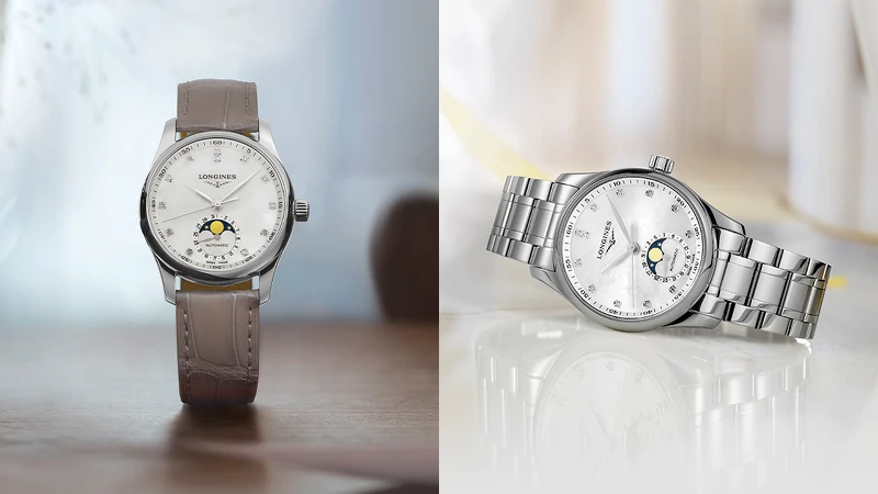 錶帶有多種配色與材質可供選擇的Longines浪琴表Master巨擘系列珍珠母貝面盤月相女士腕錶。 錶帶有多種配色與材質可供選擇的Longines浪琴表Master巨擘系列珍珠母貝面盤月相女士腕錶。