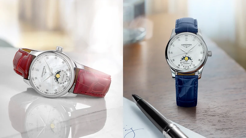 錶帶有多種配色與材質可供選擇的Longines浪琴表Master巨擘系列珍珠母貝面盤月相女士腕錶。 錶帶有多種配色與材質可供選擇的Longines浪琴表Master巨擘系列珍珠母貝面盤月相女士腕錶。