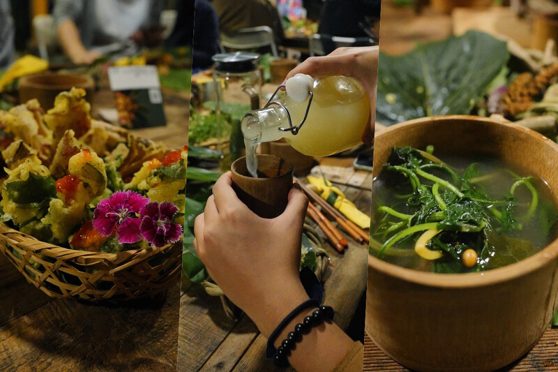 左起野菜天婦羅、小米酒、樹豆野菜湯。 左起野菜天婦羅、小米酒、樹豆野菜湯。