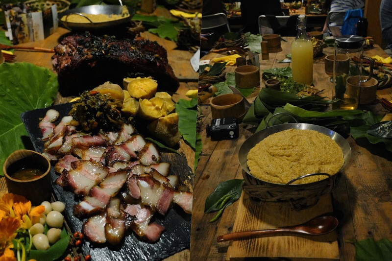 左起荖葉烤豬肋排、小米飯。 左起荖葉烤豬肋排、小米飯。