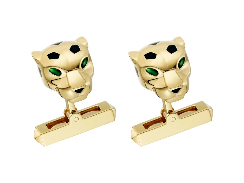 張震穿戴：Panthère de Cartier美洲豹袖扣 黃K金，沙弗萊石，黑色真漆 參考價格約NT$240,000