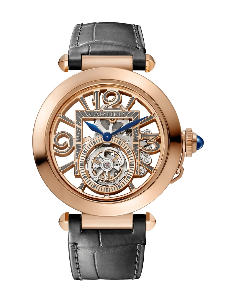 張震穿戴：Pasha de Cartier玫瑰金鏤空腕錶 41毫米，手動上鍊機械機芯，玫瑰金，2條可更換式皮革錶帶。參考價格約NT$ 2,900,000