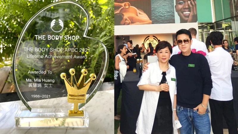 台灣「THE BODY SHOP美體小舖」創辦人黃慧娟獲頒THE BODY SHOP亞太區終身成就獎(左圖),右圖為於法國巴黎舉辦之全球THE BODY SHOP負責人會議, 左為創辦人黃慧娟,右為其子,現台灣「THE BODY SHOP美體小舖」董事長曾峙屏。 台灣「THE BODY SHOP美體小舖」創辦人黃慧娟獲頒THE BODY SHOP亞太區終身成就獎(左圖),右圖為於法國巴黎舉辦之全球THE BODY SHOP負責人會議, 左為創辦人黃慧娟,右為其子,現台灣「THE BODY SHOP美體小舖」董事長曾峙屏。