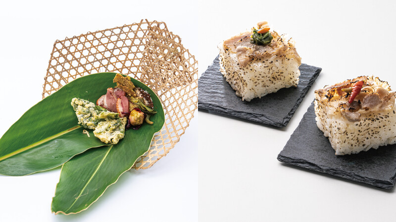 左為蓋亞那工作坊的崁頂風味布農小米飯佐香爆油芒，右為日出禾作的silow飯糰。