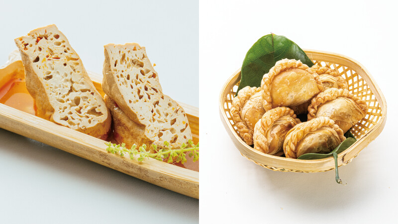 左為尾餘記的木鱉果椒麻臭豆腐，右為Tanya's泰食餐桌的泰式千層咖哩餃。