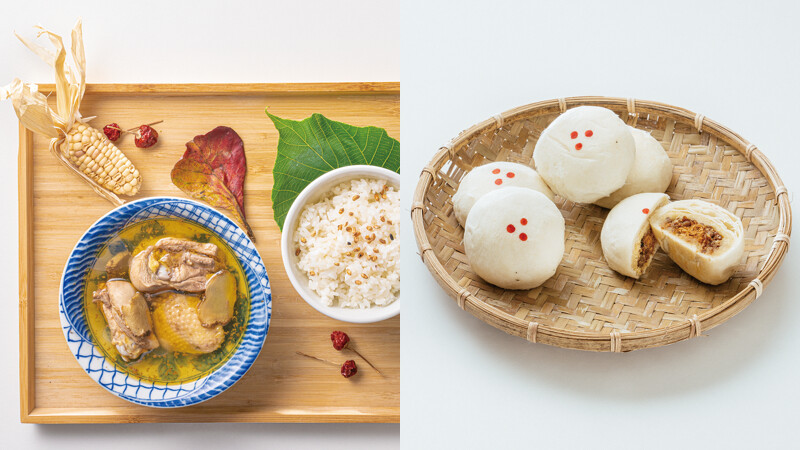 左為山谷裡的一家人的麻油雞湯，右為宜興園的綠豆椪。