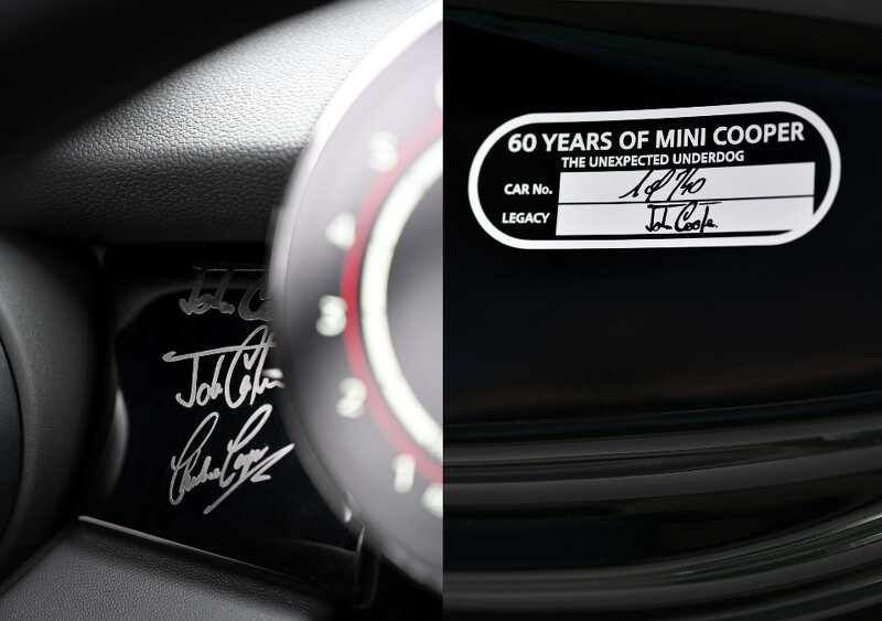 Cooper家族John Cooper、Mike Cooper、Charlie Cooper三代簽名設計置於駕駛座左前方,更添不凡紀念意義;每輛MINI Anniversary Edition上皆擁有簽名限量證明。 Cooper家族John Cooper、Mike Cooper、Charlie Cooper三代簽名設計置於駕駛座左前方,更添不凡紀念意義;每輛MINI Anniversary Edition上皆擁有簽名限量證明。