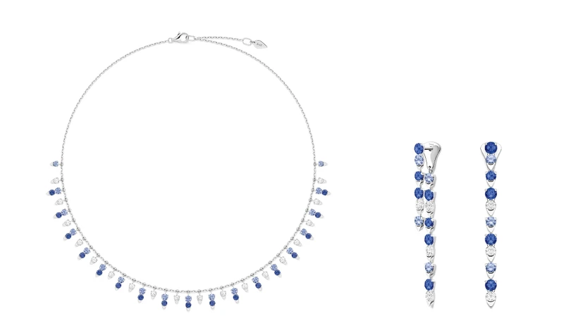 PIAGET Sunlight系列18K白金鑽石及藍寶石項鍊、Sunlight系列18K白金鑽石及藍寶石耳環。 PIAGET Sunlight系列18K白金鑽石及藍寶石項鍊、Sunlight系列18K白金鑽石及藍寶石耳環。