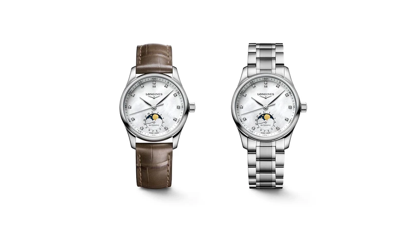 Longines浪琴表Master巨擘系列珍珠母貝面盤月相女士腕錶。 