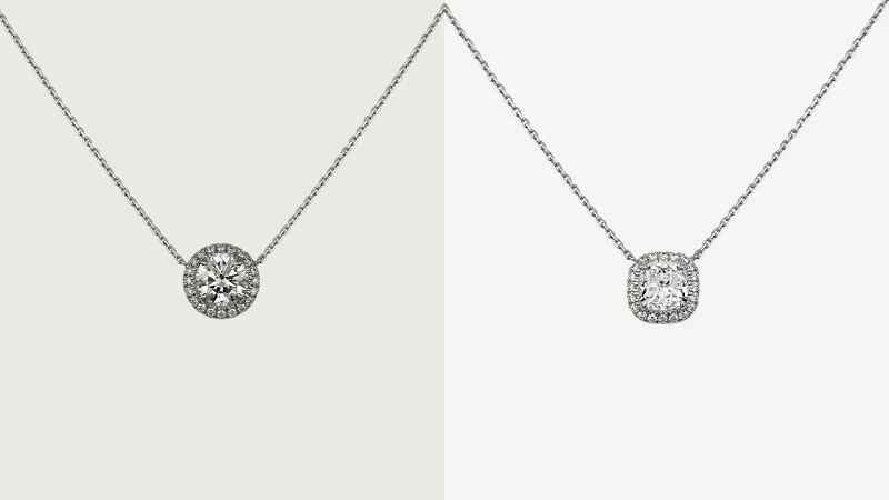 Destinee鑽石項鍊，圓形明亮式切割主鑽，0.5克拉起，NT$207,000起；Destinee鑽石項鍊，枕形切割主鑽，1克拉起，參考價錢NT$455,000 起。