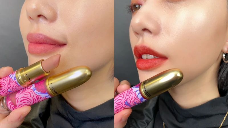 左:唇釉蜜桃豆沙+唇膏杏仁奶咖,右:唇釉元氣奶橘 左:唇釉蜜桃豆沙+唇膏杏仁奶咖,右:唇釉元氣奶橘