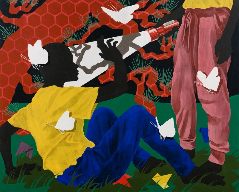 In a garden with a pine tree