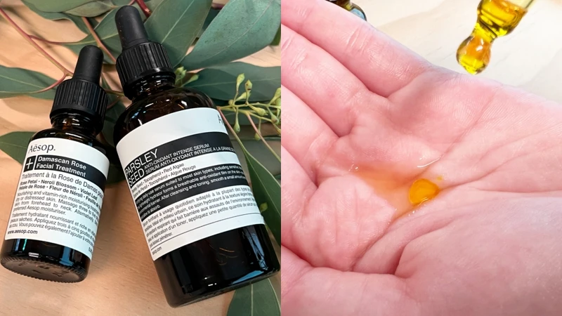 Aesop香芹籽抗氧化高效精華60ml，NT2,400、大馬士革玫瑰精露25ml，NT2,200