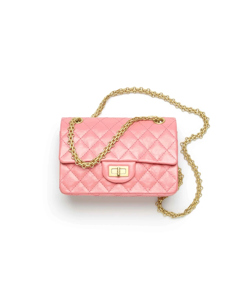 粉紅色菱格紋皮革金屬鍊帶迷你2.55包，NT172,300