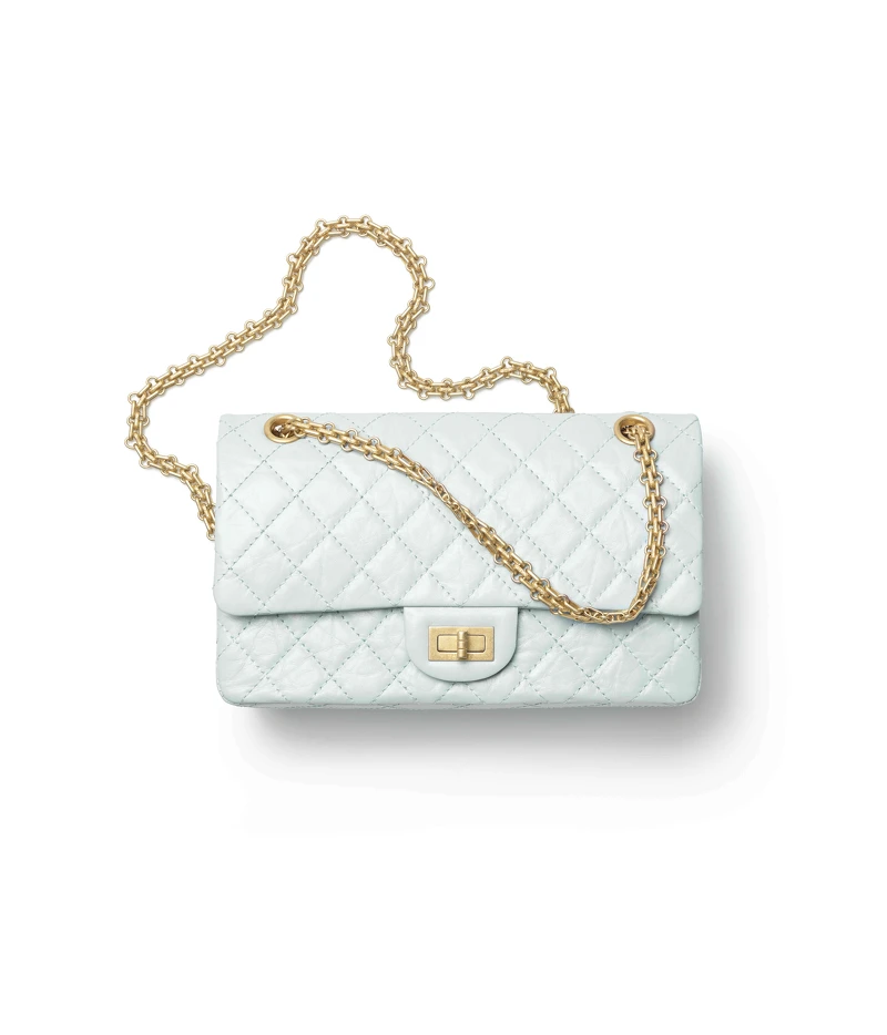 淺藍色菱格紋皮革金屬鍊帶2.55包，NT268,900