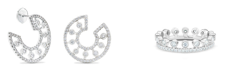 簡約設計搭以多顆閃耀天然美鑽，讓耳環與戒指散發精緻奢華感。De Beers Dewdrop 18K白金圈形鑽石耳環NT130,000、De Beers Dewdrop 18K白金單行密釘鑲鑽戒指NT103,000